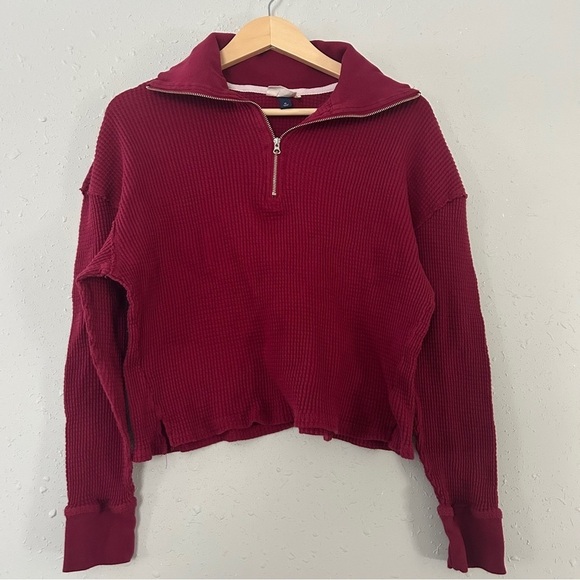 🦋 Universal Thread Red Waffle Knit Collared Quarter Zip Cropped Sweater XL - Picture 1 of 4
